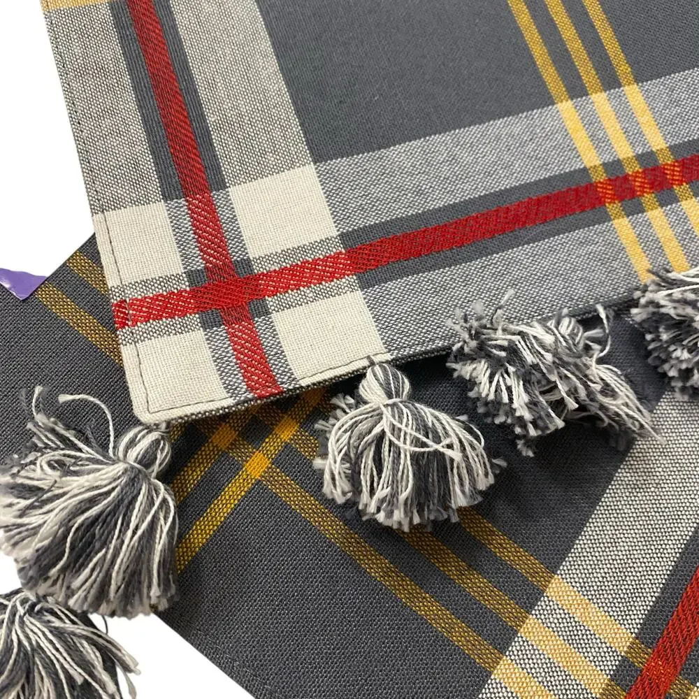 NWT Set of 2 Better Homes & Garden Gray Red Yellow Plaid Table Mats with Tassels